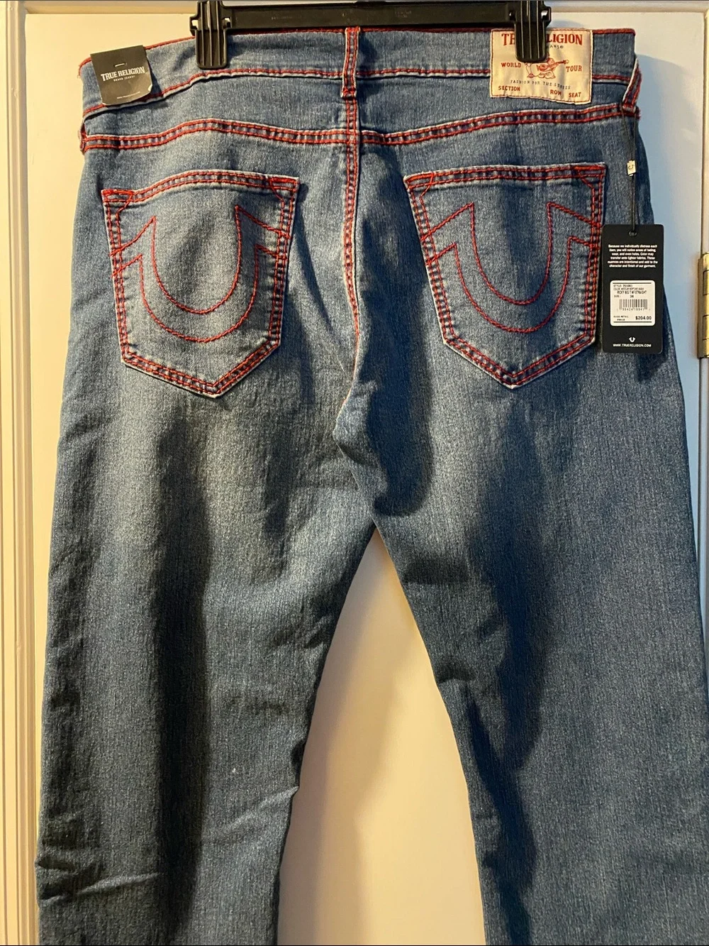 True Religion Relaxed Straight Cotton Stretch Red Stitching Jeans NWT